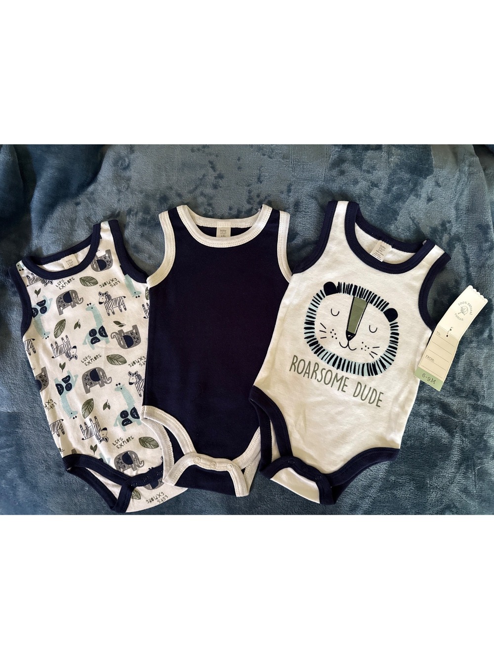 Baby Kiss Boys 3Pk Sleeveless Bodysuits 6-9 Months - Roarsome Dude